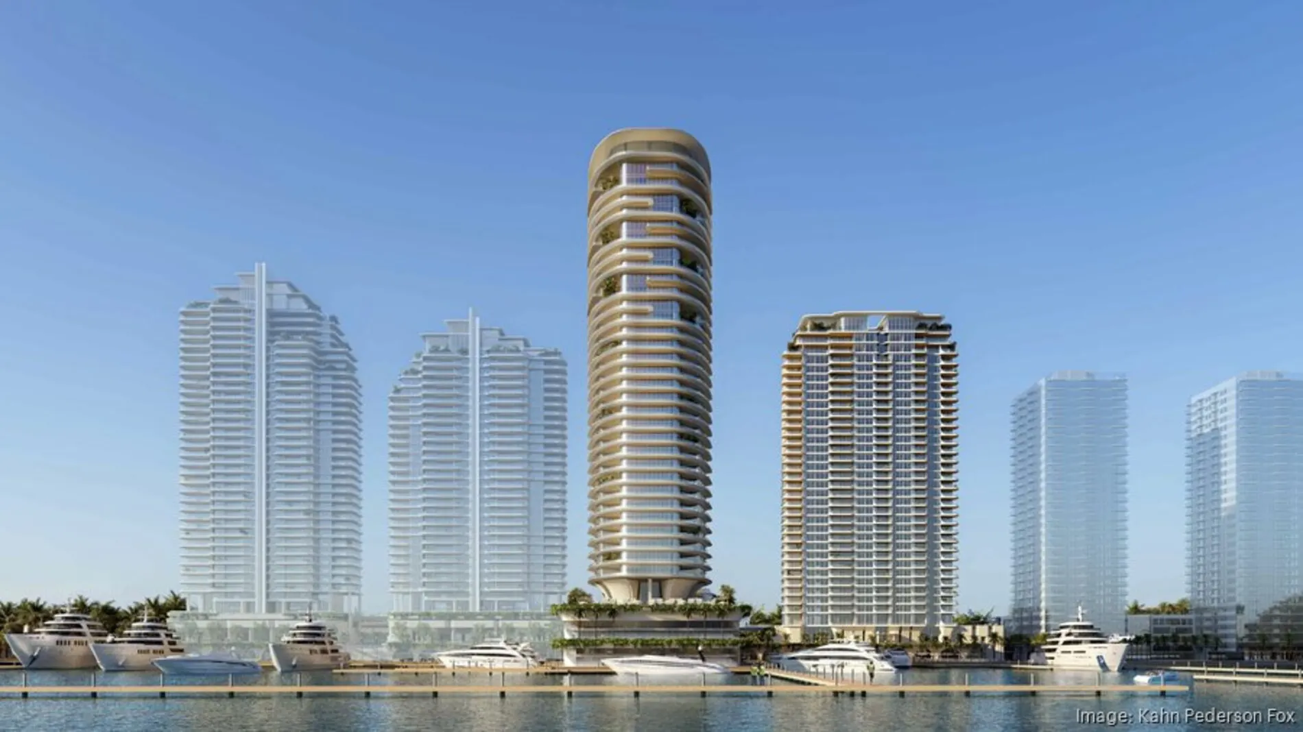 Rendering of the Rybovich Marina redevelopment in West Palm Beach featuring luxury condo towers. 